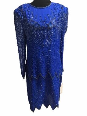 Vintage NWT Laurence Kazar Royal Blue Silk Beaded Butterfly Cocktail Dress XL